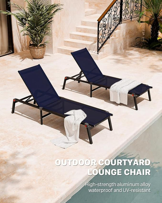 Aluminum Patio Chaise Lounge Chair Set of 2 with Side Table,5-Position Adjustable Backrest,Foldable Lounge Chair Outdoor,Pool Lounge Chairs for Poolside,Lawn,Deck,Beach (Navy Blue, 2 Pack+Table)