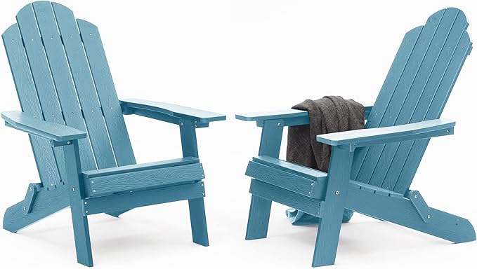 MXIMU Folding Adirondack Chair Set of 2 Weather Resistant Fire Pit Chairs Easy Assemble HIPS Plastic Outdoor Modern Adirondack Chairs for Patio, Lawn, Garden, Backyard, Deck(Blue)