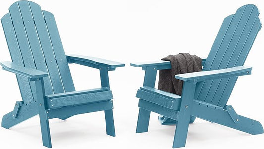MXIMU Folding Adirondack Chair Set of 2 Weather Resistant Fire Pit Chairs Easy Assemble HIPS Plastic Outdoor Modern Adirondack Chairs for Patio, Lawn, Garden, Backyard, Deck(Blue)