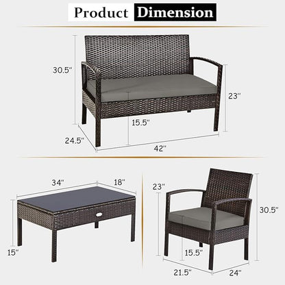 COSTWAY Outdoor Patio Furniture Set 4 Pieces, Wicker Conversation Set with Tempered Glass Topped Table, Seat Cushions, Rattan Chair Wicker Sofa for Backyard Balcony Porch Poolside