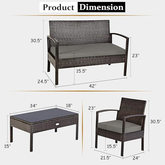 COSTWAY Outdoor Patio Furniture Set 4 Pieces, Wicker Conversation Set with Tempered Glass Topped Table, Seat Cushions, Rattan Chair Wicker Sofa for Backyard Balcony Porch Poolside