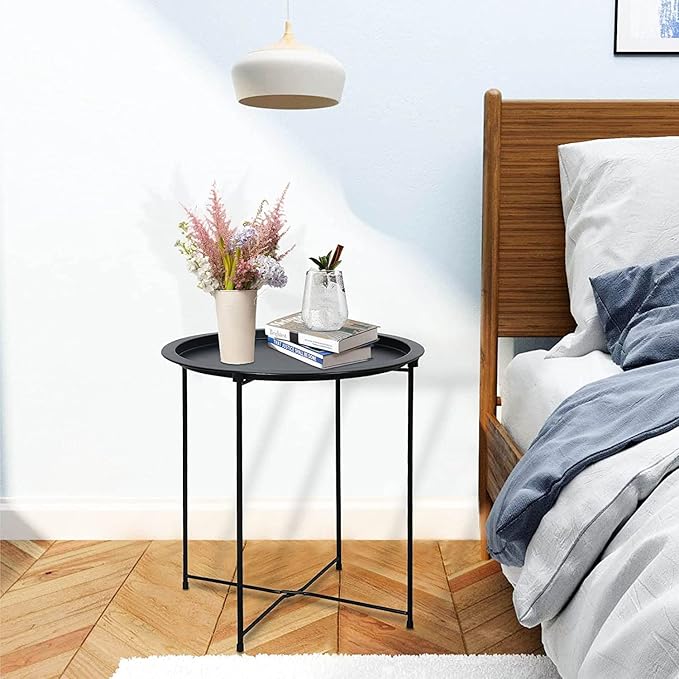 Garden 4 you End Table 2 PCS Metal Side Table Black Round Folding Tray Cyan Sofa Small Accent Fold-able Table - Photo 6