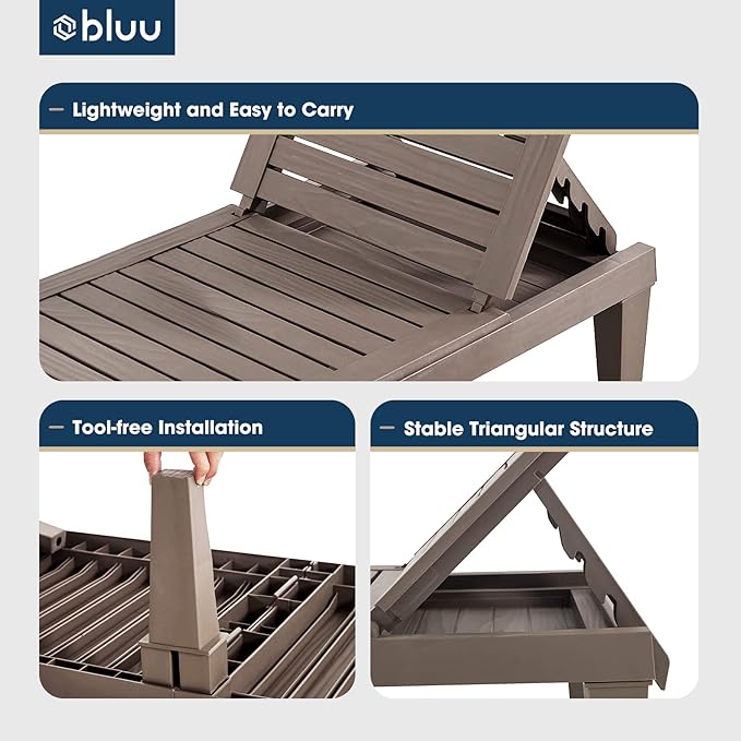 BLUU Chaise Lounge Outdoor | Lounge Chairs for Outside | Adjustable with 5 Positions | Wood Texture Design | Waterproof - Photo 5