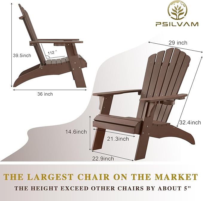 Psilvam Adirondack Chair, Oversized Poly Lumber Fire Pit Chair with Cup Holder, 350Lbs Support Patio Chairs for Garden, Weather Resistant Outdoors Seating, Relaxing Gift for Father & Mother (4, Brown)