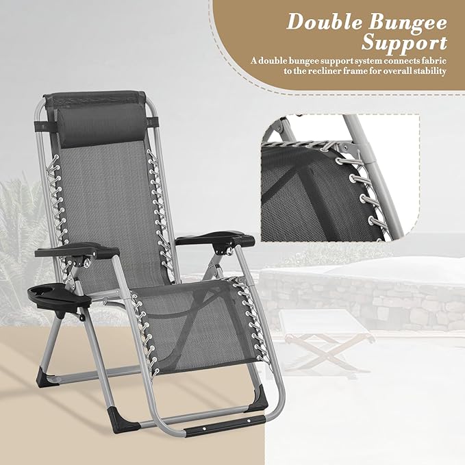 Athena Collection 3 in 1 Patio Lounge Chair Foldable Camping Chair with Headrest Chaise Lounge Nap Chair with Removable Thick Cushion Reclining Beach Sleeping Chair for Indoor and Outdoor, Grey