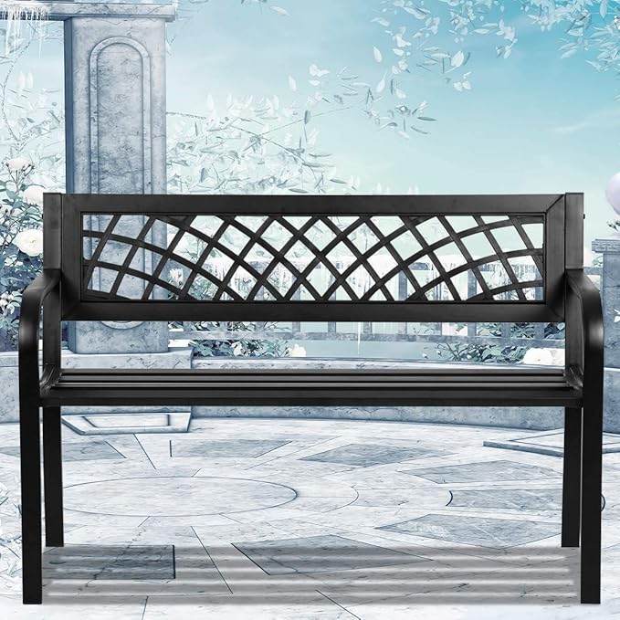 400 lbs Garden Bench, Outdoor Bench with Cast Iron Frame Metal Bench with Black Checkered Design Park Bench Furniture Bench Chair for Garden Patio Front Porch Lawn Balcony Entryway Backyard, Black