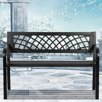 400 lbs Garden Bench, Outdoor Bench with Cast Iron Frame Metal Bench with Black Checkered Design Park Bench Furniture Bench Chair for Garden Patio Front Porch Lawn Balcony Entryway Backyard, Black