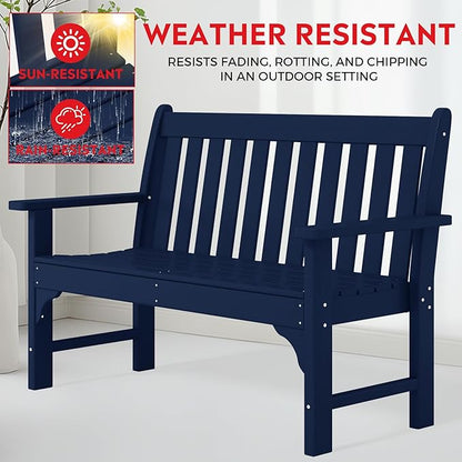Costaelm Garden Bench, Farmhouse Park Front Porch for Entryway Bench Outdoor Seating Low Bench Patio Bench Outside/Indoor, Navy Blue