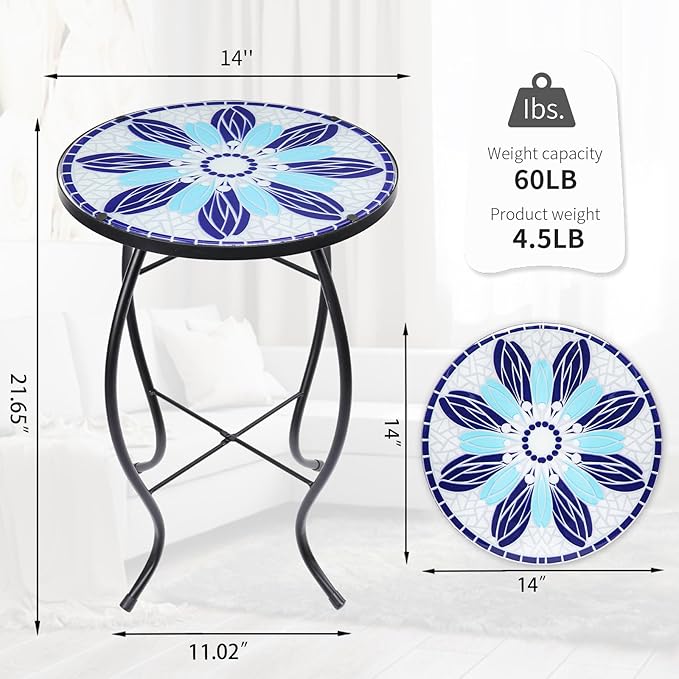 VCUTEKA Patio Side Table Outdoor Accent Table Bistro Coffee Table Plant End Table Small Porch Tables Indoor Round Glass Balcony Blue Flowers 14 inches