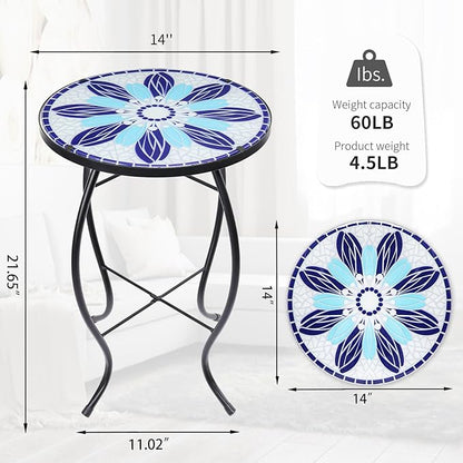 VCUTEKA Patio Side Table Outdoor Accent Table Bistro Coffee Table Plant End Table Small Porch Tables Indoor Round Glass Balcony Blue Flowers 14 inches