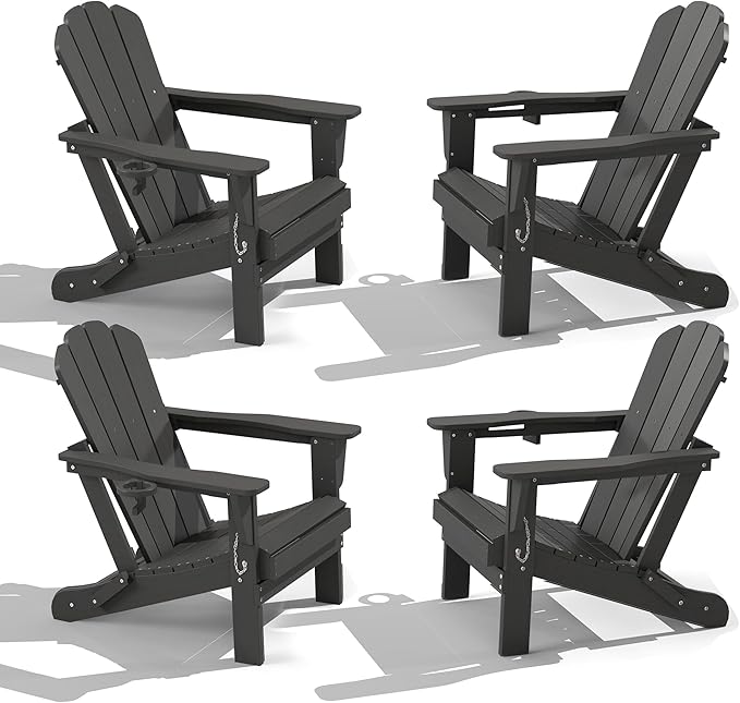 Domi Folding Adirondack Chairs Set of 4, HDPE All-Weather Outdoor Chairs with Cup Holder, Wooden Textured Fire Pit Chairs for Backyard, Patio, Poolside & Deck, Grey