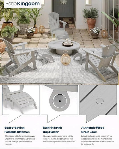 Folding Adirondack Ottoman Footrest, HDPE Plastic Outdoor Footstool No Assembly Required, All-Weather Foldable Ottoman for Adirondack Chair, Patio, Lawn, Garden, Deck, Poolside, Fire Pit, Gray