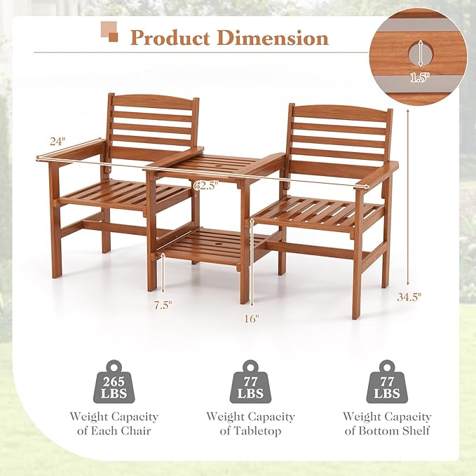 Tangkula Outdoor Patio Loveseat with Table, Wood 2-Seat Conversation Set with Coffee Table and Umbrella Hole - Photo 4