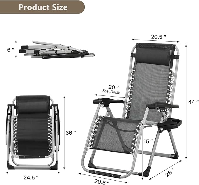 Zero Gravity Chair, Portable Folding Reclining Lounge Chairs with Adjustable Cushion and Cup Holder Trays for Outdoor - Photo 3