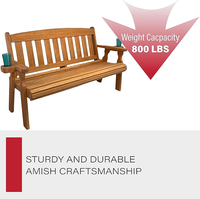 Amish Casual Heavy Duty 800 Lb Mission Pressure Treated Garden Bench with Cupholders (4 Foot, Cedar Stain)