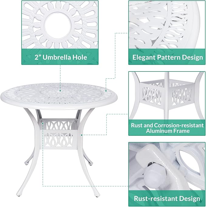 VIVIJASON 35.4" Outdoor Patio Dining Round Table White Cast Aluminum Rustic Large Patio Table with Umbrella Hole