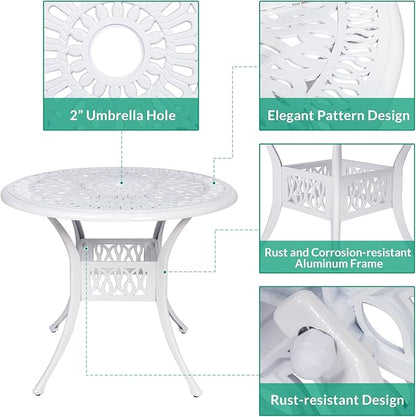 VIVIJASON 35.4" Outdoor Patio Dining Round Table White Cast Aluminum Rustic Large Patio Table with Umbrella Hole