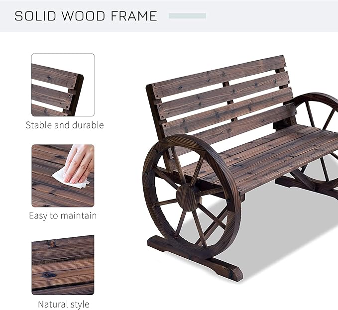 Ni-shore Wooden Wagon Wheel Bench Rustic Outdoor Patio Furniture, 2-Person Seat Bench with Backrest