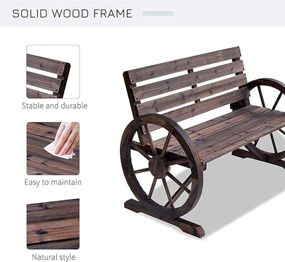 Ni-shore Wooden Wagon Wheel Bench Rustic Outdoor Patio Furniture, 2-Person Seat Bench with Backrest