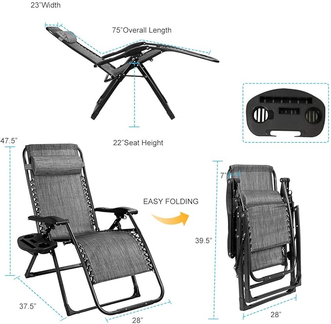 Goplus Oversized Zero Gravity Chair, XL-Extended Version, Outdoor Recliner w/Cup Holder & Detachable Headrest - Photo 3
