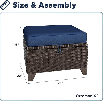 2 Pieces Patio All-Weather Wicker Ottomans with Cushions, PE Rattan Outdoor Conversation Furniture Set for Backyard, Deck, Lawn (Navy Blue)