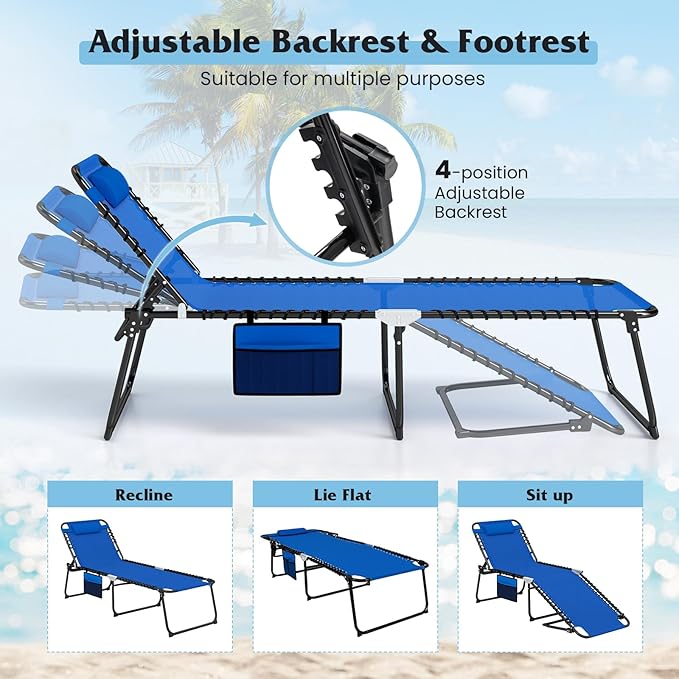GYMAX Lounge Chair for Outside, 440lbs 27” Oversize Folding Beach Tanning Sunbath Chair with Adjustable Backrest & Removable Pillow, Lightweight Portable Patio Lounger for Lawn Poolside (Blue,1)