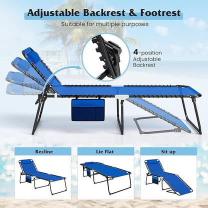 GYMAX Lounge Chair for Outside, 440lbs 27” Oversize Folding Beach Tanning Sunbath Chair with Adjustable Backrest & Removable Pillow, Lightweight Portable Patio Lounger for Lawn Poolside (Blue,2)