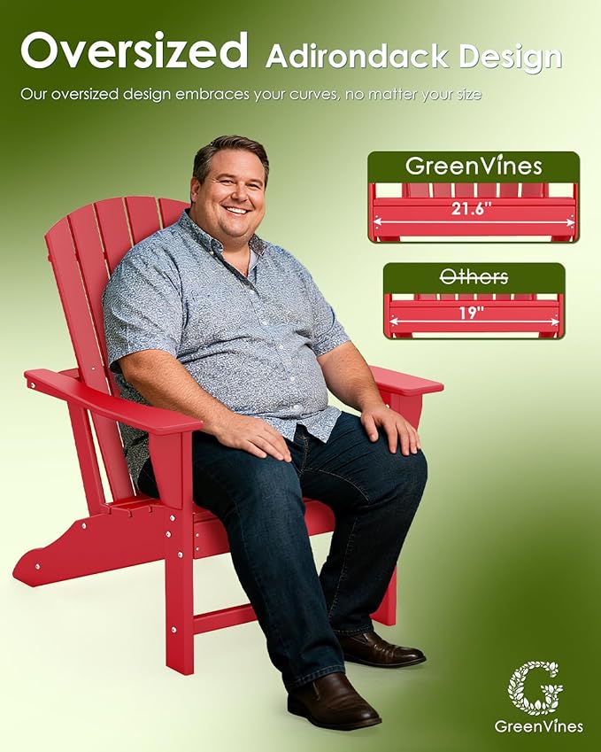 GREENVINES Adirondack Chairs Set of 4 | HDPE Plastic | Oversized Fire Pit Chair | All Weather | Red | Poly Lumber | for Outdoor Deck Backyard Patio Garden