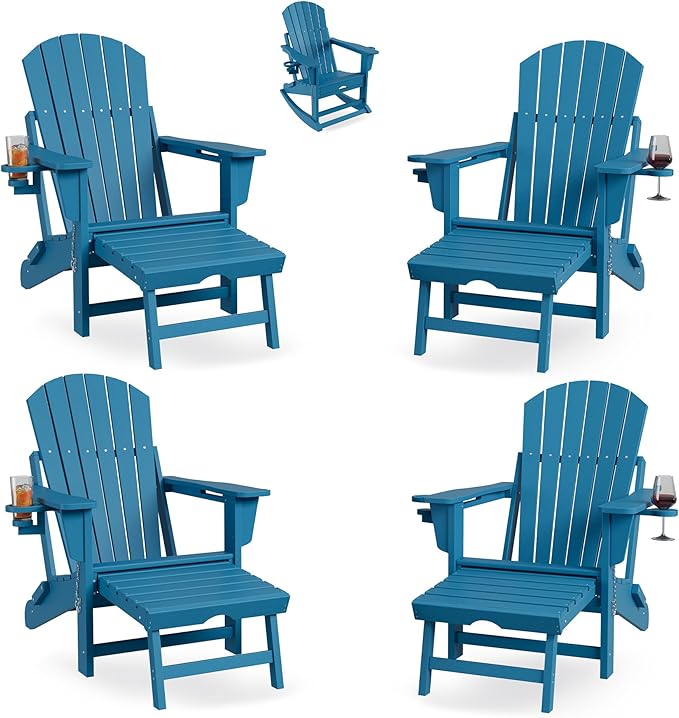Rocking Adirondack Chairs Set of 4, Folding Adirondack Rocking Chair With Footrest, Adirondack RockingChair Outdoor With Retractable Ottoman and Cup Holder