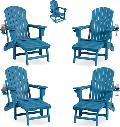 Rocking Adirondack Chairs Set of 4, Folding Adirondack Rocking Chair With Footrest, Adirondack RockingChair Outdoor With Retractable Ottoman and Cup Holder