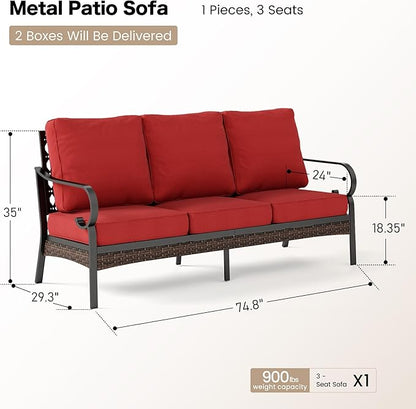 Metal Patio Sofa with 5.75" Extra Thick Waterproof Cushion, 3-Seater Deep Seating & High-Back Black Outdoor Couch All Weather Outdoor Seating Furniture for Deck Porch, Rust Red