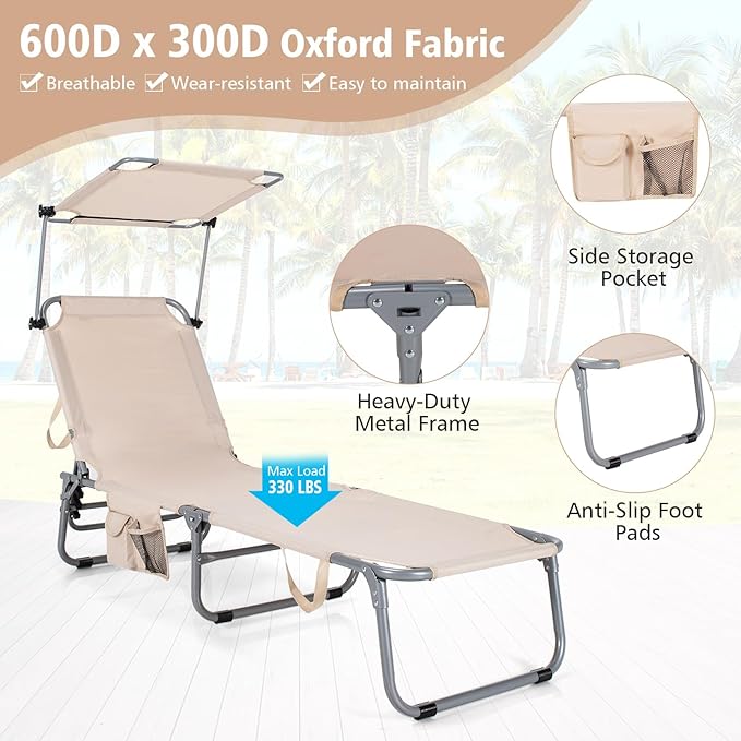 Goplus Tanning Chair, Foldable Beach Lounge Chair with 360°Canopy Sun Shade, Side Pocket, 5-Position Adjustable Outdoor Chaise Lounge Chair for Patio Pool Yard Lawn (2, Beige)