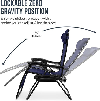 Best Choice Products Set of 2 Extra Wide Adjustable Steel Mesh Zero Gravity Lounge Chair Recliners w/Pillows and Cup Holder Trays - Navy