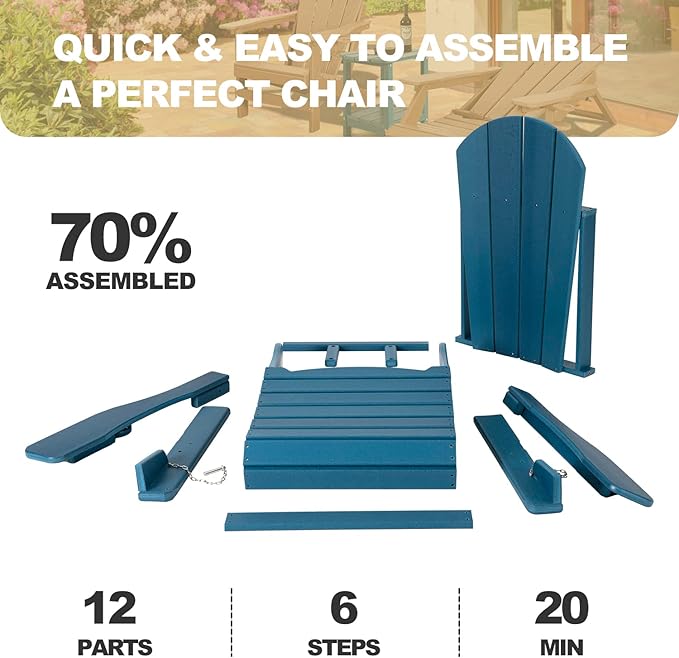 Adirondack Chair Set of 2 with Cushion & Cup Holders, HDPE Weather Resistant Folding Adirondack Chair for Adults, Outdoor Fire Pit Chairs for Patio/Porch/Swimming Pool/Garden (2, Blue)