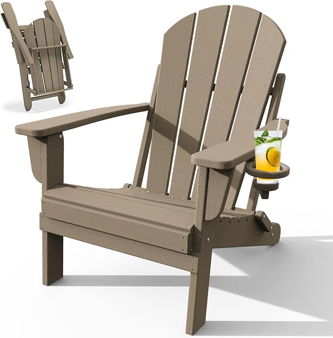 Adirondack Chair with Cup Holder, Folding HDPE Patio Chairs, Outdoor Plastic Fire Pit Chair, Wood Texture, Lawn Chairs for Deck, Porch, Backyard, Garden, Weathered Wood