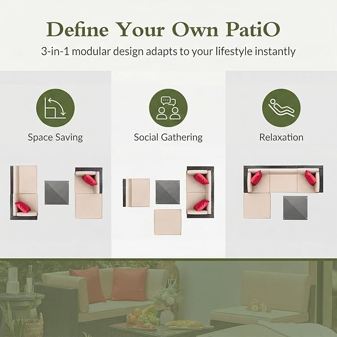 Devoko 5 Pieces Patio Furniture Sets All Weather Outdoor Sectional Patio Sofa Manual Weaving Wicker Rattan Patio Seating Sofas with Cushion and Glass Table (Beige)