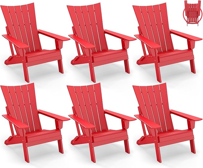 GREENVINES Folding-Adirondack-Chairs-Set-of-6 | HDPE Plastic | Arch Series | Fire Pit Chair | All Weather | for Outdoor Patio Deck Backyard Poolside | Red