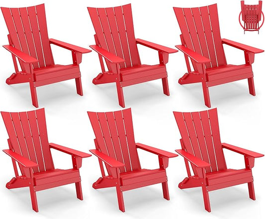 GREENVINES Folding-Adirondack-Chairs-Set-of-6 | HDPE Plastic | Arch Series | Fire Pit Chair | All Weather | for Outdoor Patio Deck Backyard Poolside | Red