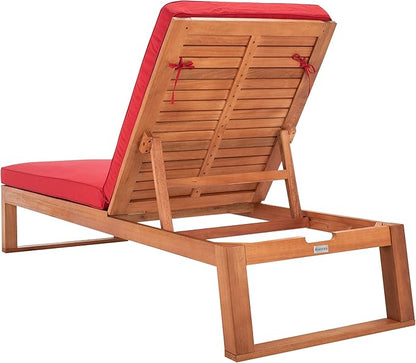 SAFAVIEH Outdoor Collection Solano Natural Brown Solid Wood/Red Cushion Patio Adjustable Chaise Lounge Chair (PAT7024R)