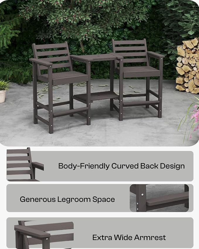Tall HDPE Adirondack Bar Chairs Set of 2, Outdoor Balcony Bar-Height Chairs with Extra-Large Side Trays & 2" Umbrella Hole, All-Weather Patio Stools for Porch, Deck, Garden (Gray, 2chair)