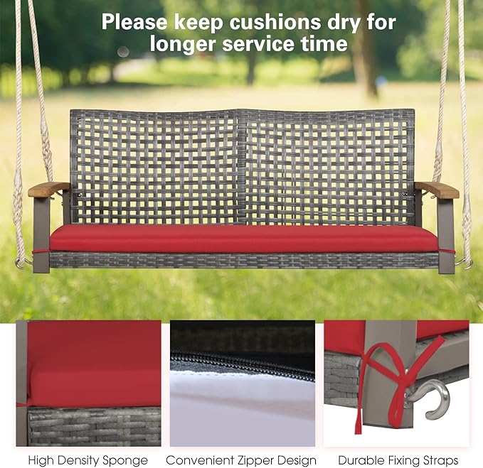 Tangkula 2-Person Outdoor Porch Swing with 118" Hanging Ropes, Patiojoy PE Wicker Patio Hanging Swing Bench with Soft Seat Cushion & 800 Lbs Weight Capacity, Suitable for Patio, Garden (Red)