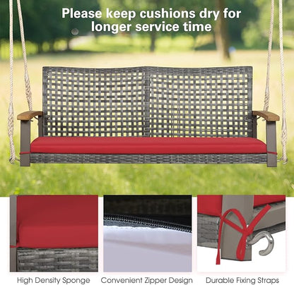 Tangkula 2-Person Outdoor Porch Swing with 118" Hanging Ropes, Patiojoy PE Wicker Patio Hanging Swing Bench with Soft Seat Cushion & 800 Lbs Weight Capacity, Suitable for Patio, Garden (Red)