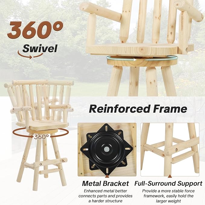 HOMEDIARY 3 Piece Outdoor Swivel Adirondack Bar Set, 41.9" Patio Log Bar Height Table & 2 Bar Stools with High Back - Photo 3