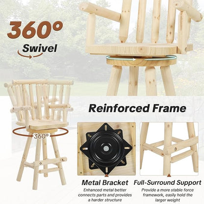 HOMEDIARY 3 Piece Outdoor Swivel Adirondack Bar Set, 41.9" Patio Log Bar Height Table & 2 Bar Stools with High Back, 500 LBS Heavy Duty Wooden Bar Stools Set for Deck Pub Garden Backyard, Natural