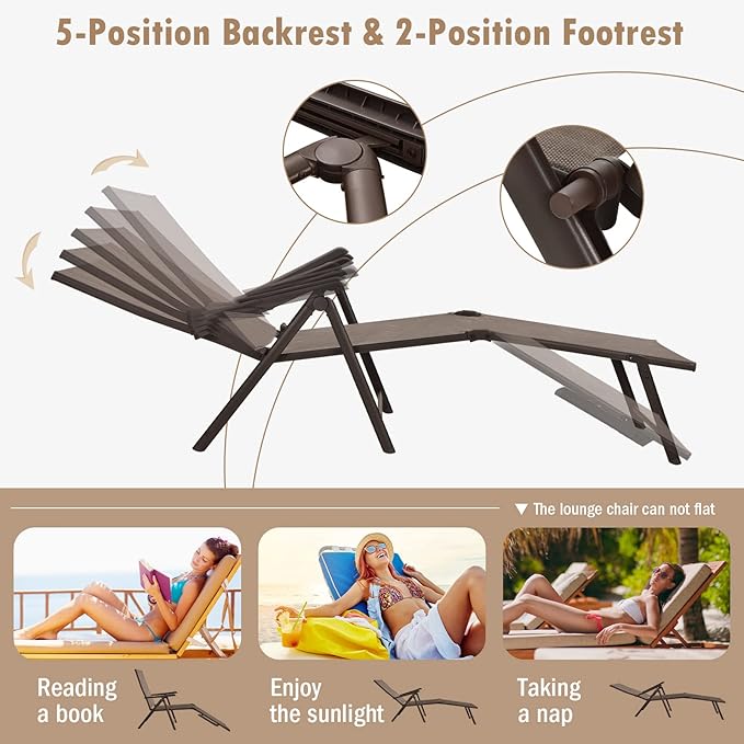 Tangkula Folding Lounge Chair Outdoor, Recliner Chaise Lounge with 5-Position Adjustable Backrest & 2-Position Footrest - Photo 7