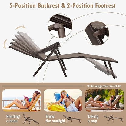 Tangkula Folding Lounge Chair Outdoor, Recliner Chaise Lounge with 5-Position Adjustable Backrest & 2-Position Footrest, No Assembly Required, Suitable for Patio Poolside Beach Yard (1, Brown)