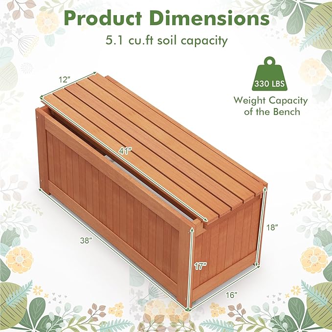 Outdoor Planter Bench, 45 Gallon Outdoor Bench Wooden Raised Garden Bed with Planter Box, 2-in-1 Wood Planter Bench Deck Plant Box for Porch, Patio, Garden & Backyard