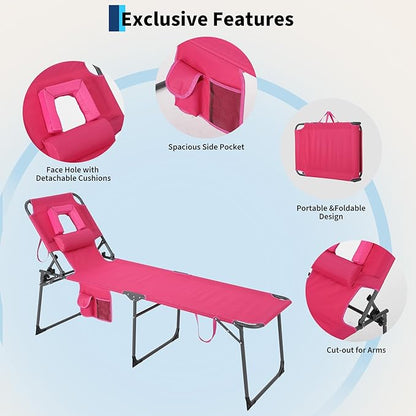 Tanning Chair with Face Hole Folding Beach Lounge Chair,5-Position Adjustable Backrest, Pillow & Side Pocket,Portable Face Down Chaise Lounge for Outdoor Backyard Poolside,Beach, Patio,Pink