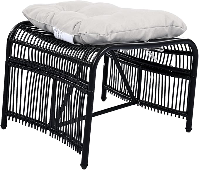 Christopher Knight Home Hanley Patio Wicker Lounge Chair with Ottoman Footrest+Coffee Table, 3-Piece Outdoor Furniture Set for Porch/Balcony/Deck/Backyard, Metal Frame and Soft Cushions, Beige+Black