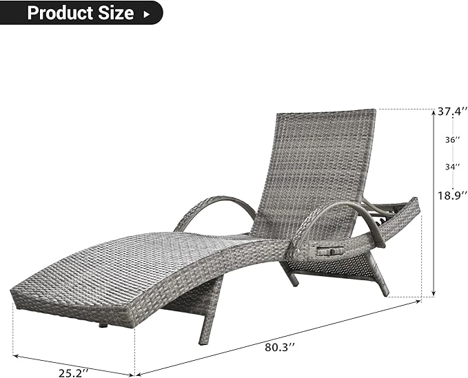 80.3” Outdoor Chaise Lounge, Grey Pool Lounge Chairs Set of 4, Wicker Recliner Chair with Pull-Out Side Table - Photo 3